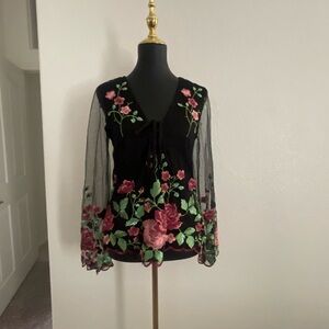 VENUS Black Blouse with Pink and Green Floral Design
